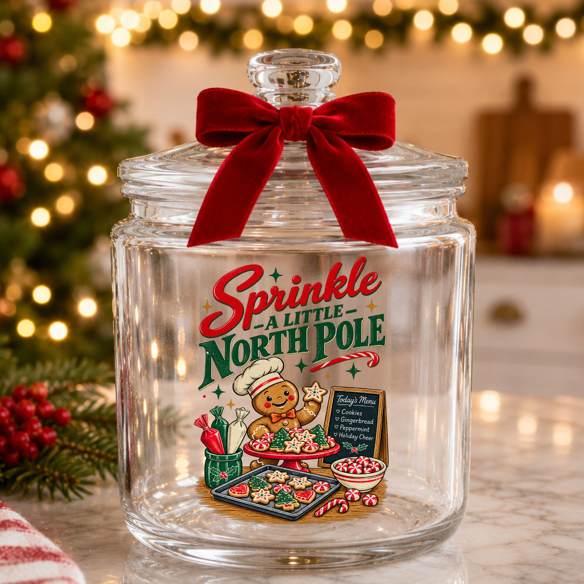 Sprinkle A Little North Pole Gingerbread UV DTF sticker applied to a glass candy jar tied with a red bow