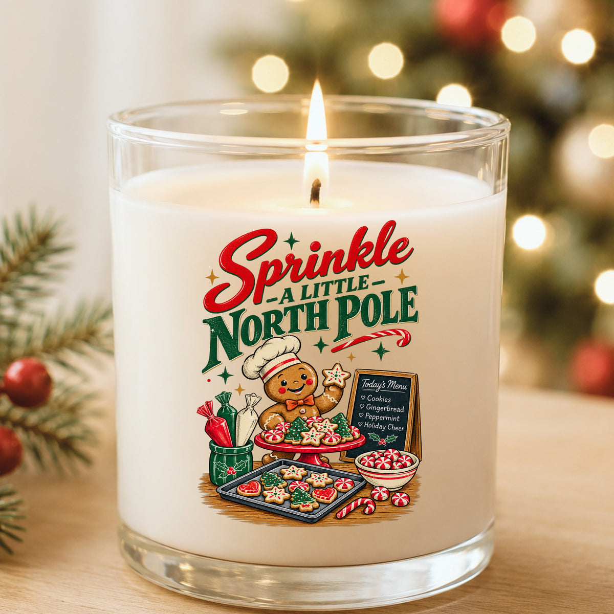 Sprinkle A Little North Pole Gingerbread UV DTF sticker applied to a white candle in a glass holder near Christmas lights