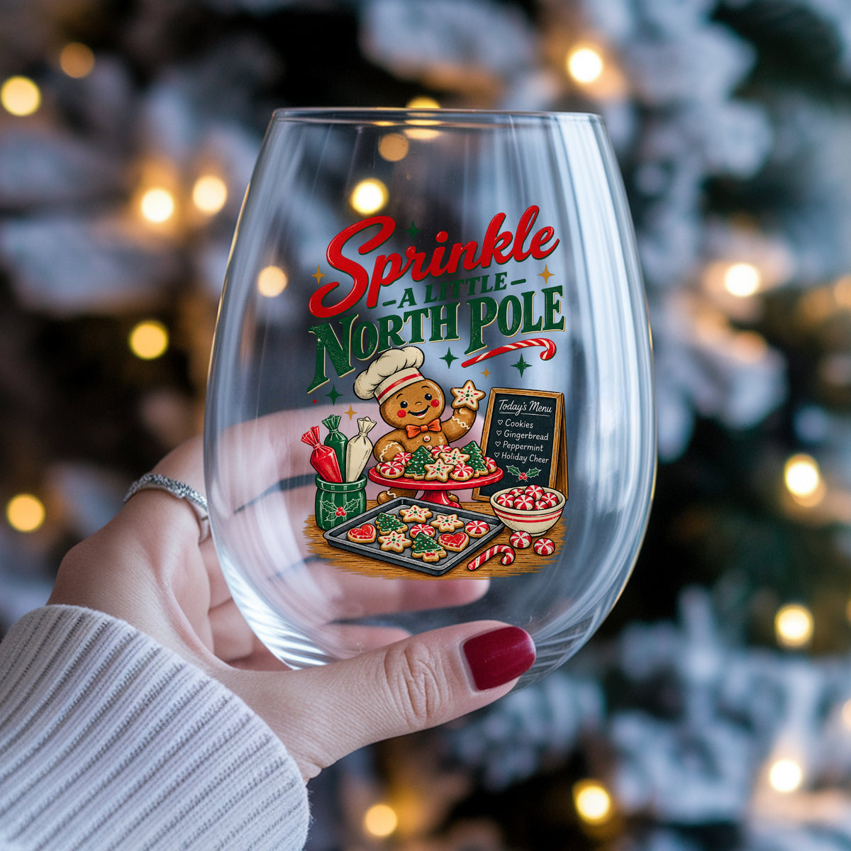 Sprinkle A Little North Pole Gingerbread UV DTF sticker applied to a stemless wine glass held in hand