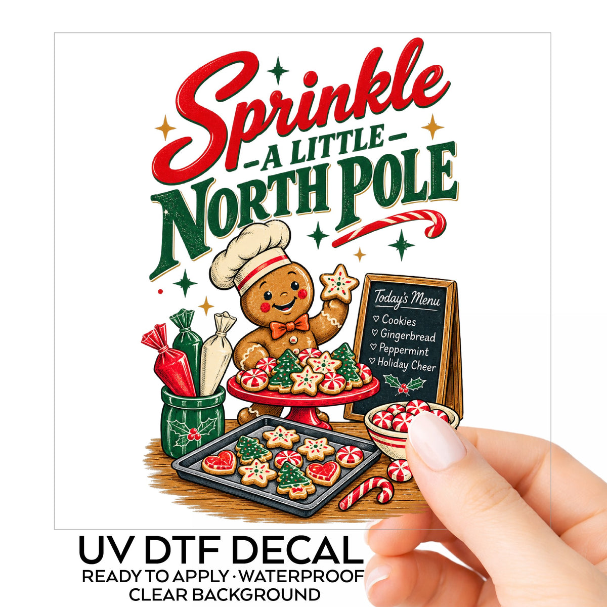 Sprinkle A Little North Pole Gingerbread UV DTF sticker on its backing card, held in hand