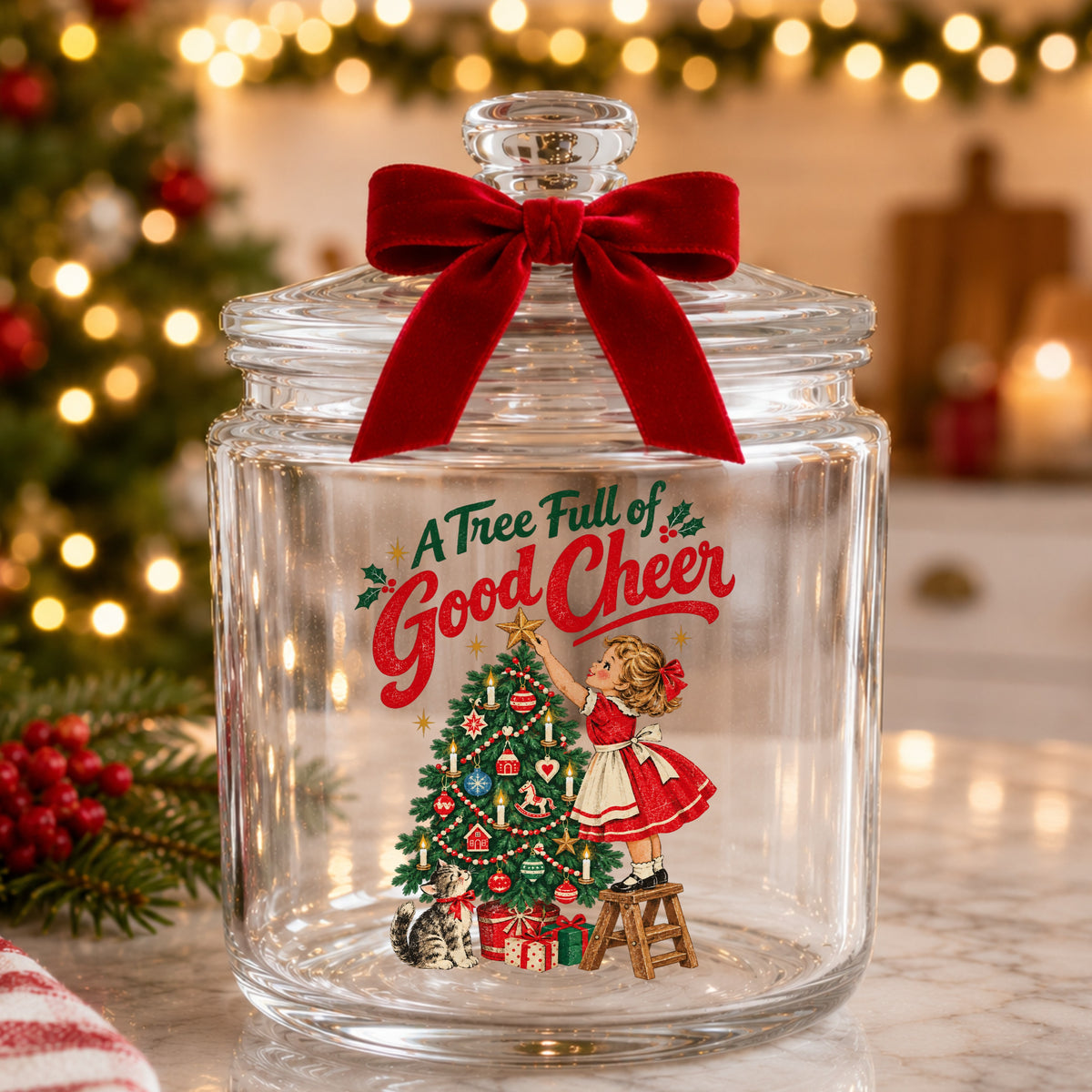 A Tree Full Of Good Cheer UV DTF sticker applied to a glass candy jar tied with a red bow