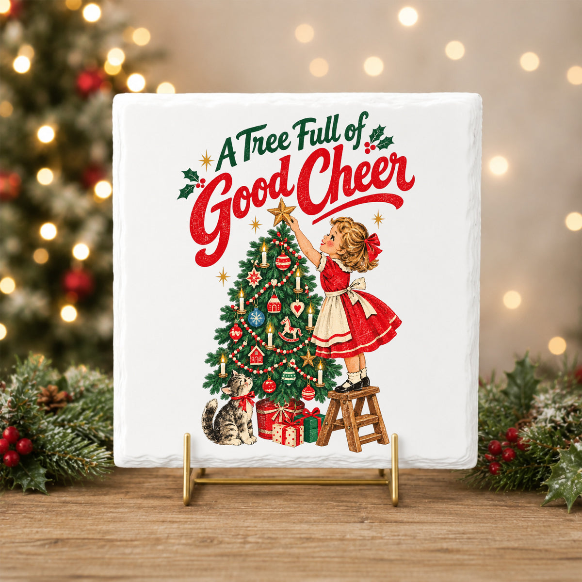 A Tree Full Of Good Cheer UV DTF sticker applied to a white tile on a gold stand