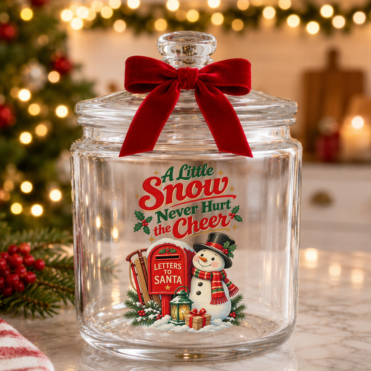 A Little Snow Never Hurt The Cheer Snowman UV DTF sticker applied to a glass candy jar tied with a red bow