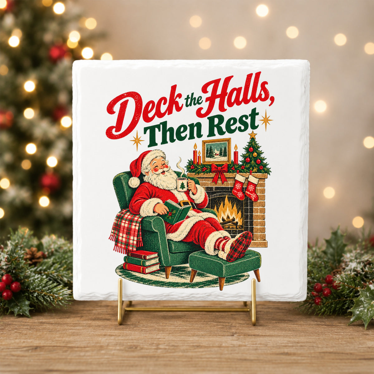 Deck The Halls Then Rest Santa UV DTF sticker applied to a white tile on a gold stand