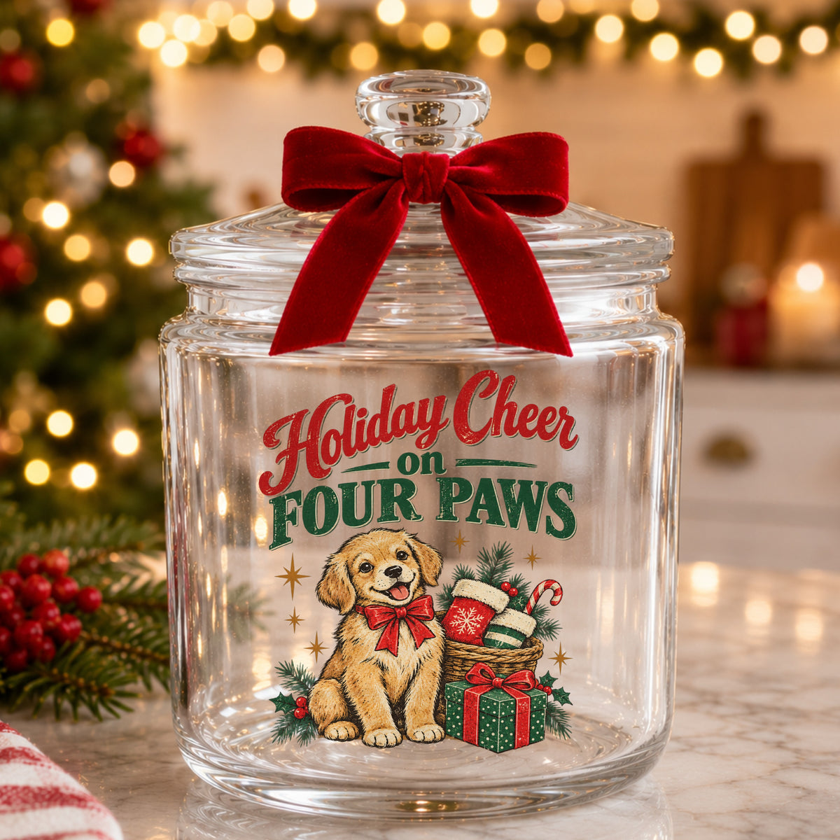 Holiday Cheer On Four Paws Puppy UV DTF sticker applied to a glass candy jar tied with a red bow