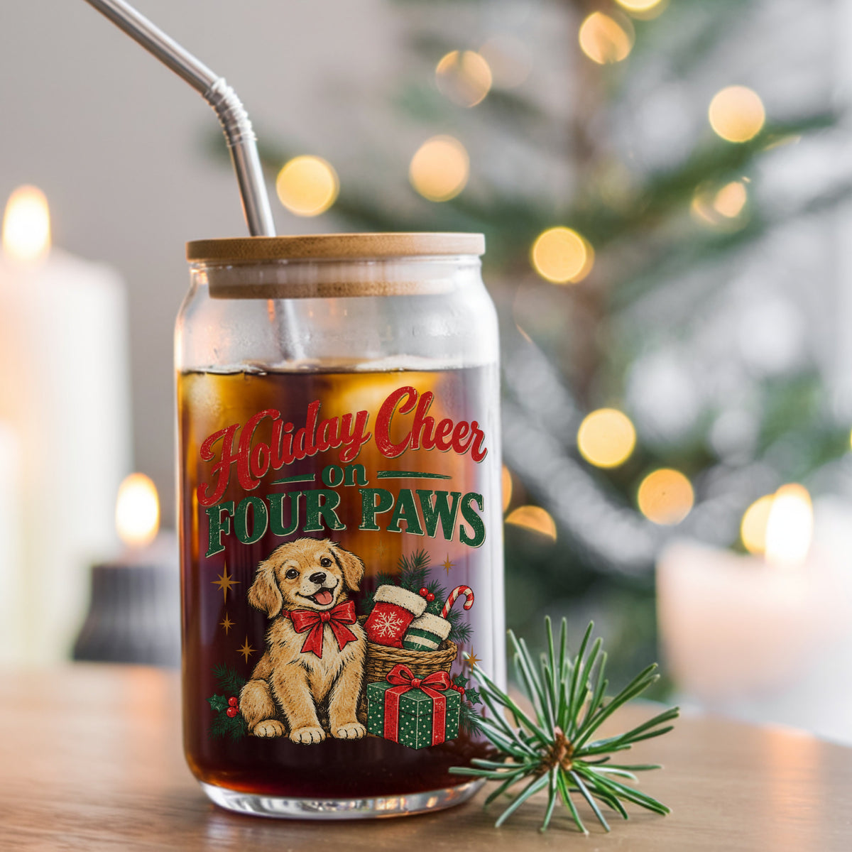 Holiday Cheer On Four Paws Puppy UV DTF sticker applied to a glass can cup of iced coffee with a straw