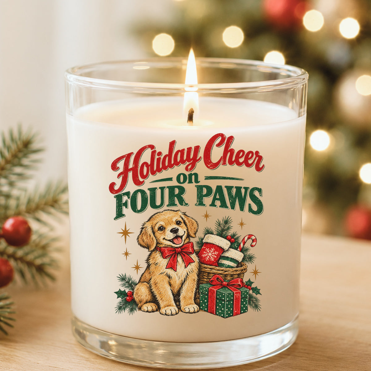 Holiday Cheer On Four Paws Puppy UV DTF sticker applied to a white candle in a glass holder near Christmas lights