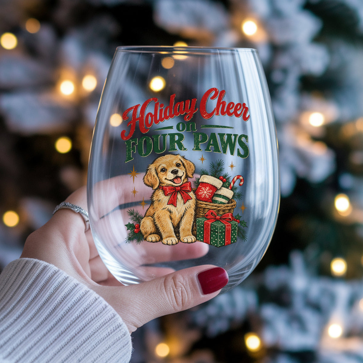 Holiday Cheer On Four Paws Puppy UV DTF sticker applied to a stemless wine glass held in hand