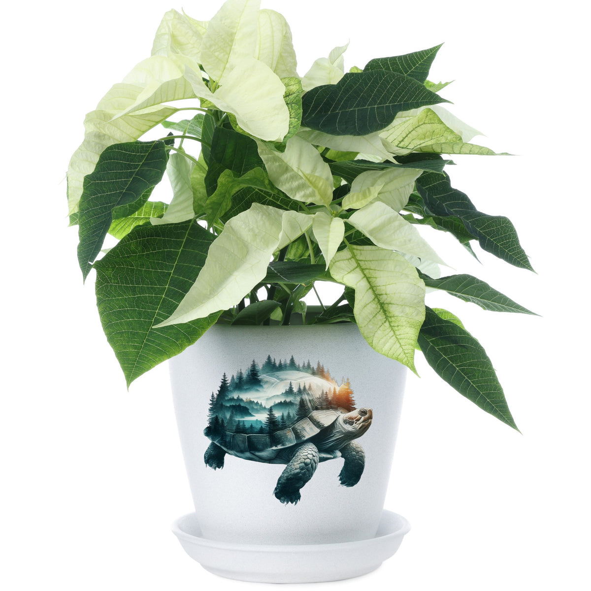 Forest Tortoise UV DTF sticker applied to a white flower pot