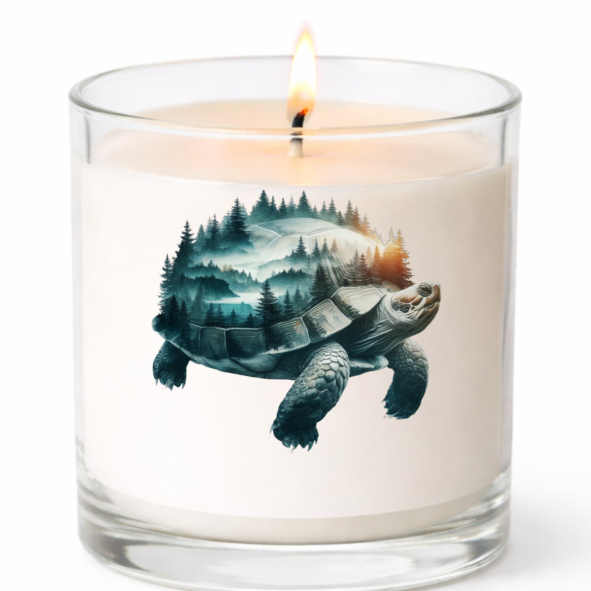 Forest Tortoise UV DTF sticker applied to a white candle in a clear glass jar