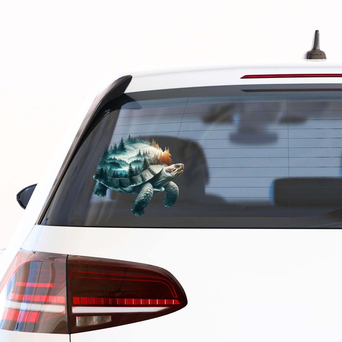 Forest Tortoise UV DTF sticker applied to the rear window of a white car