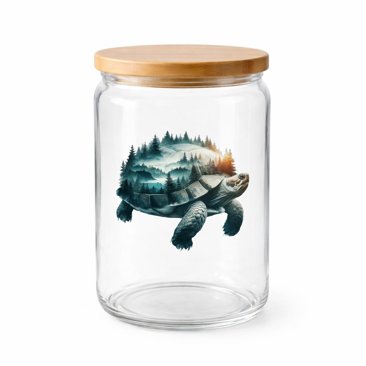 Forest Tortoise UV DTF sticker applied to a clear glass jar with a wooden lid