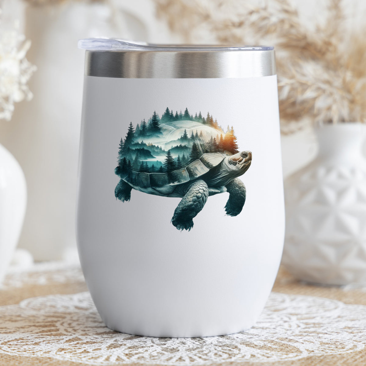 Forest Tortoise UV DTF sticker applied to a white stemless tumbler with a lid