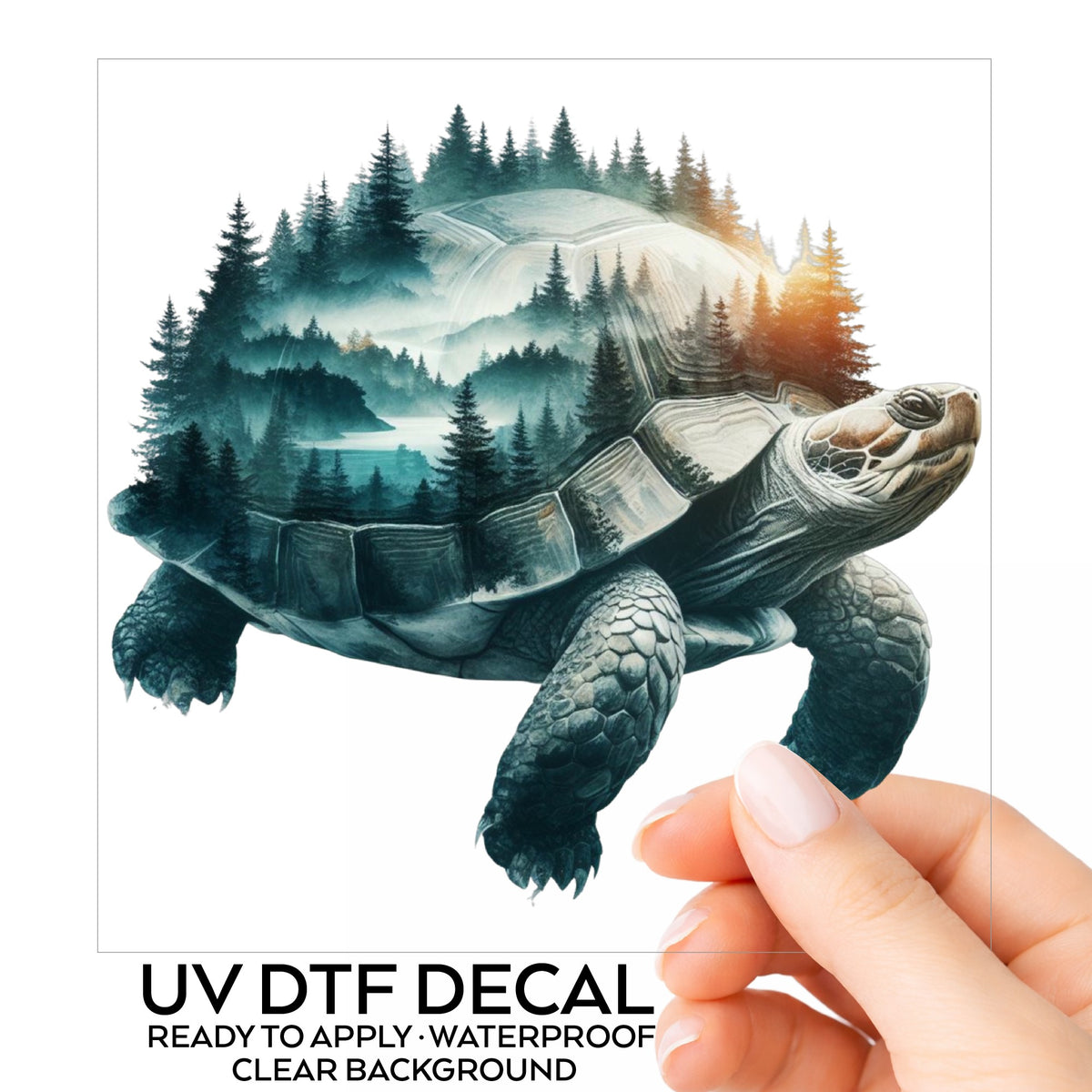 Forest Tortoise UV DTF sticker on its backing card, held in hand