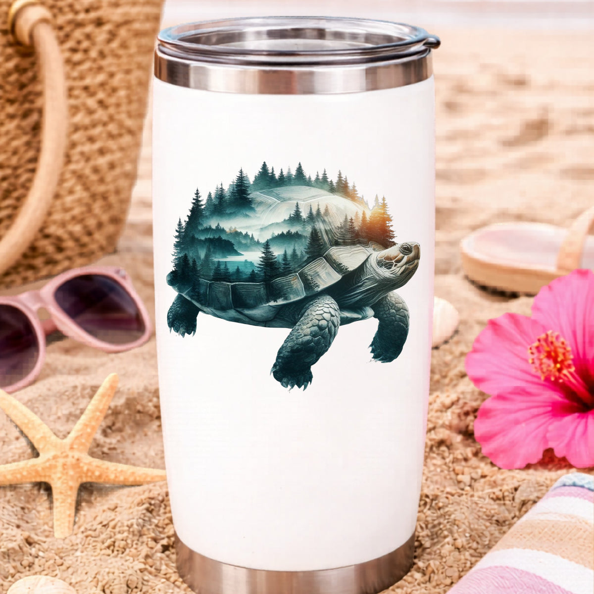 Forest Tortoise UV DTF sticker applied to a white travel tumbler on beach sand
