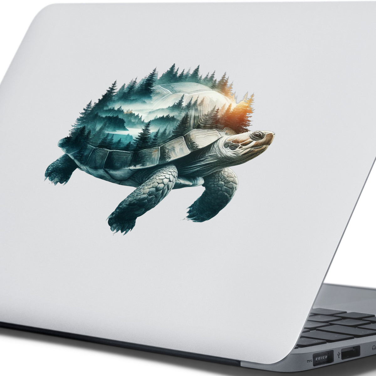 Forest Tortoise UV DTF sticker applied to the lid of a silver laptop