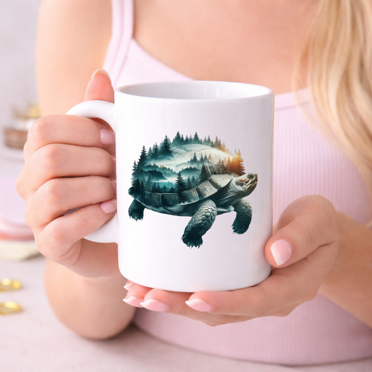 Forest Tortoise UV DTF sticker applied to a white coffee mug held in both hands