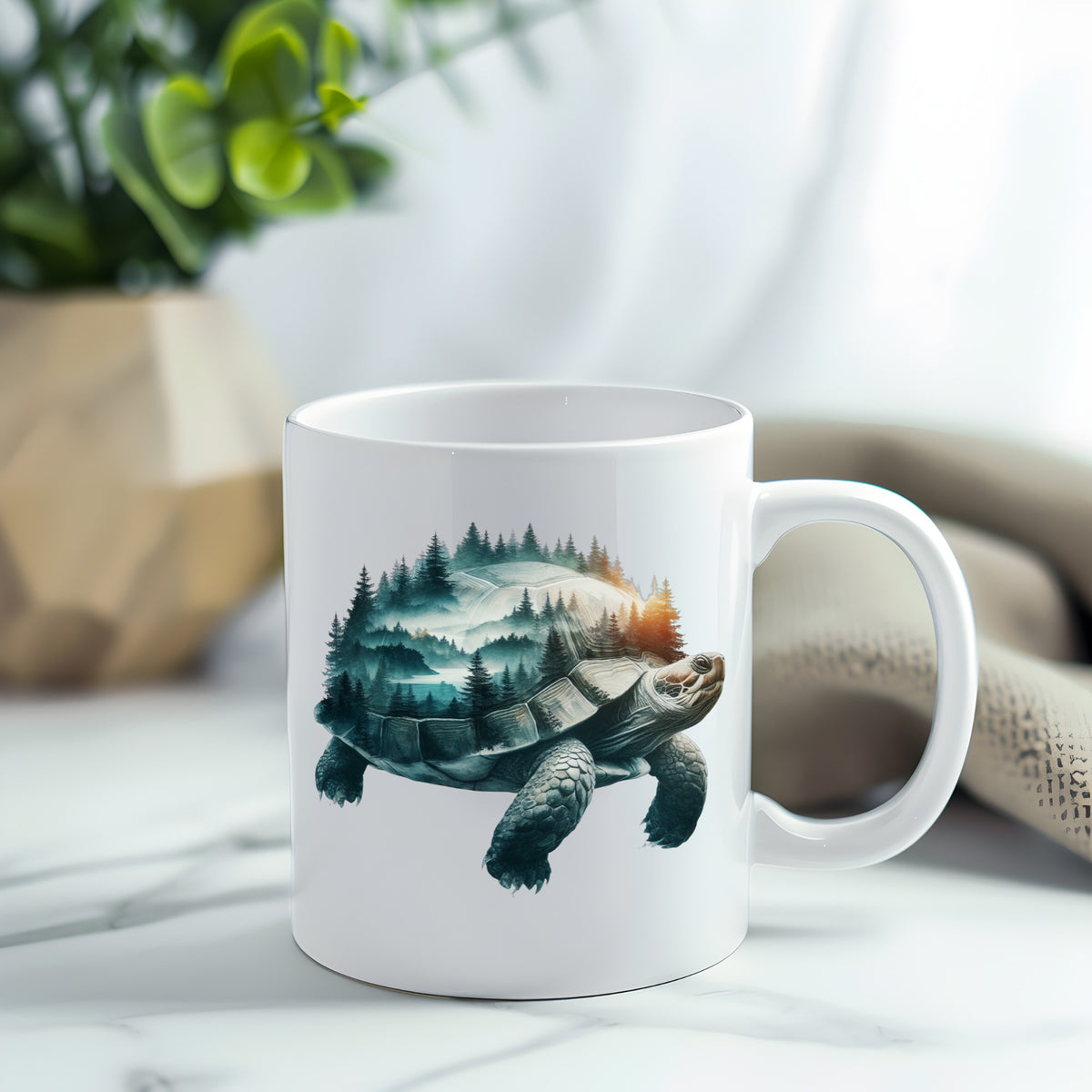 Forest Tortoise UV DTF sticker applied to a white coffee mug