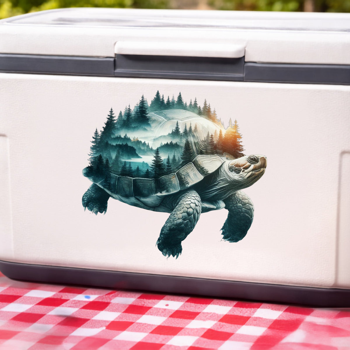 Forest Tortoise UV DTF sticker applied to a white cooler on a red gingham cloth