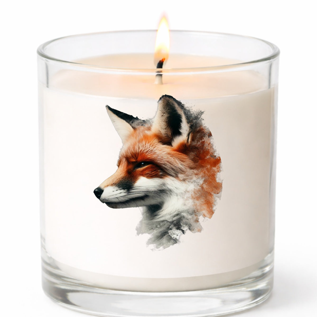 Red Fox Head UV DTF sticker applied to a white candle in a clear glass jar