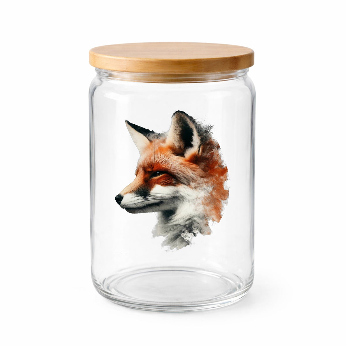 Red Fox Head UV DTF sticker applied to a clear glass jar with a wooden lid