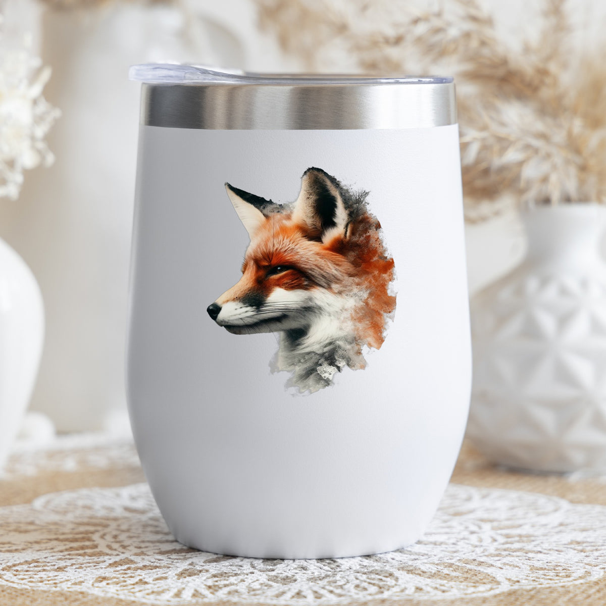 Red Fox Head UV DTF sticker applied to a white stemless tumbler with a lid