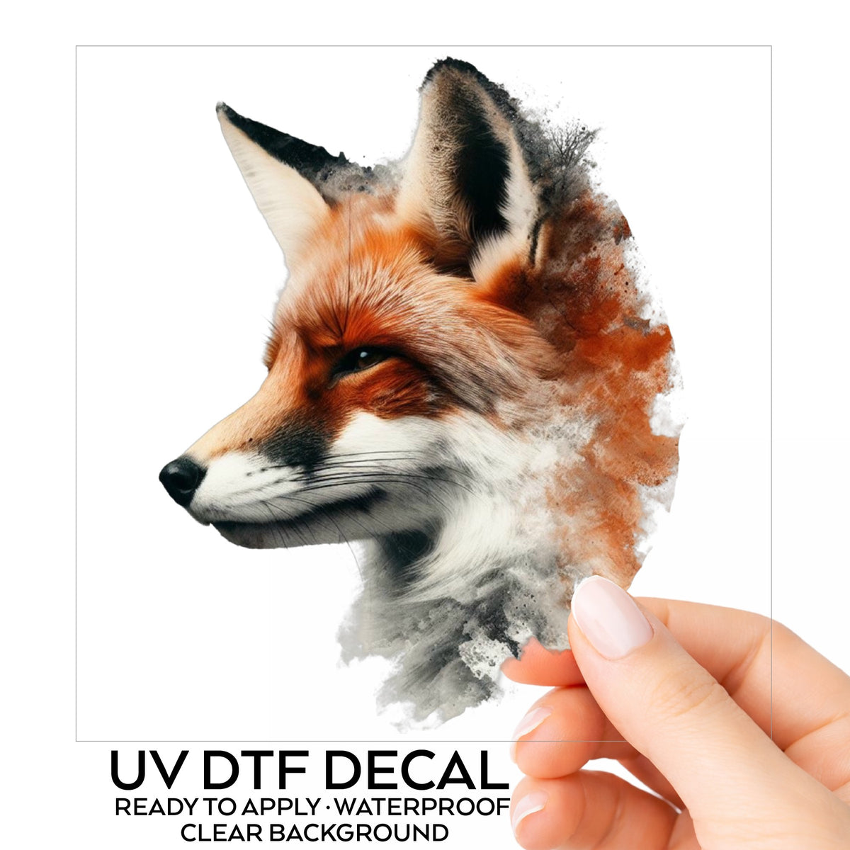 Red Fox Head UV DTF sticker on its backing card, held in hand