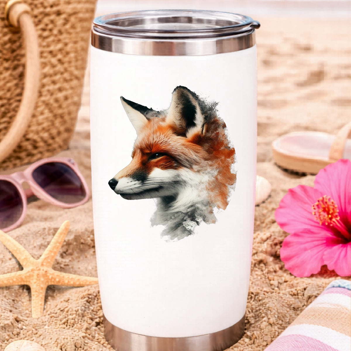 Red Fox Head UV DTF sticker applied to a white travel tumbler on beach sand