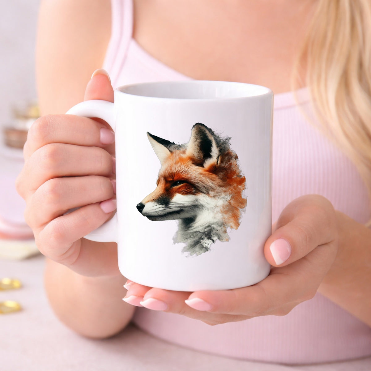 Red Fox Head UV DTF sticker applied to a white coffee mug held in both hands