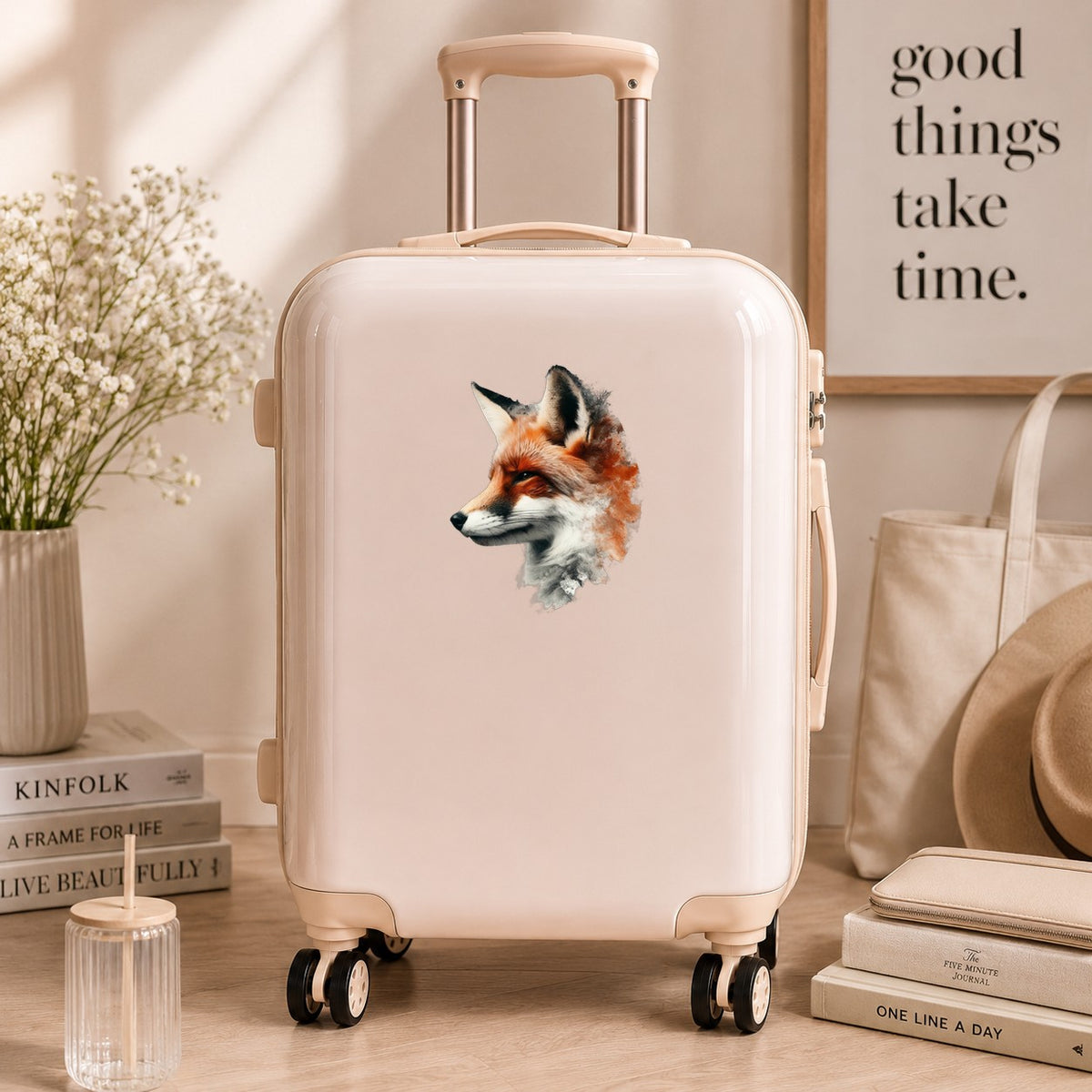 Red Fox Head UV DTF sticker applied to a cream carry-on suitcase