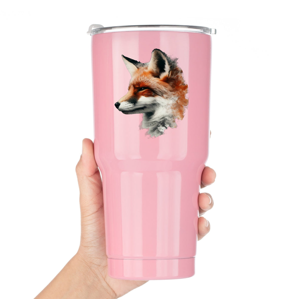 Red Fox Head UV DTF sticker applied to a pink tumbler held against a white background