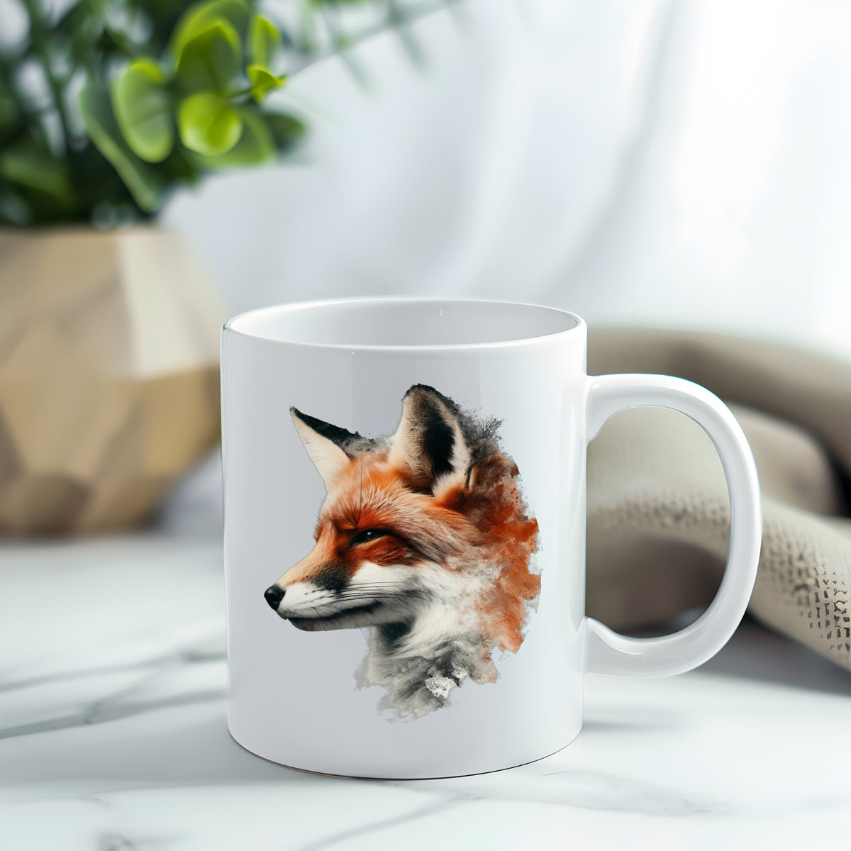Red Fox Head UV DTF sticker applied to a white coffee mug