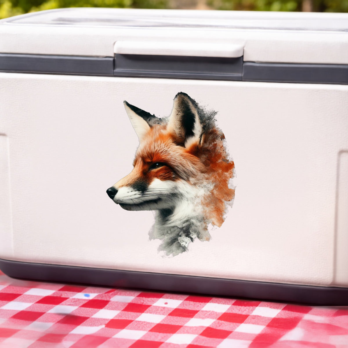Red Fox Head UV DTF sticker applied to a white cooler on a red gingham cloth