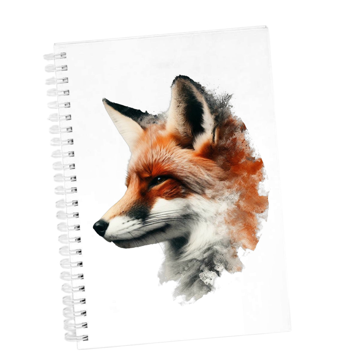 Red Fox Head UV DTF sticker applied to the cover of a white spiral journal
