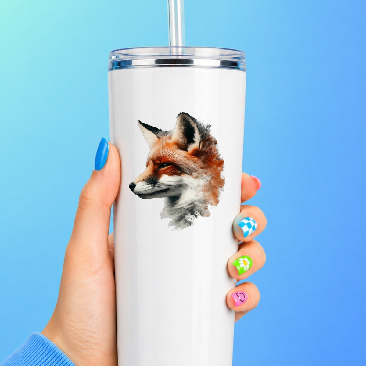 Red Fox Head UV DTF sticker applied to a white straw tumbler on a blue background