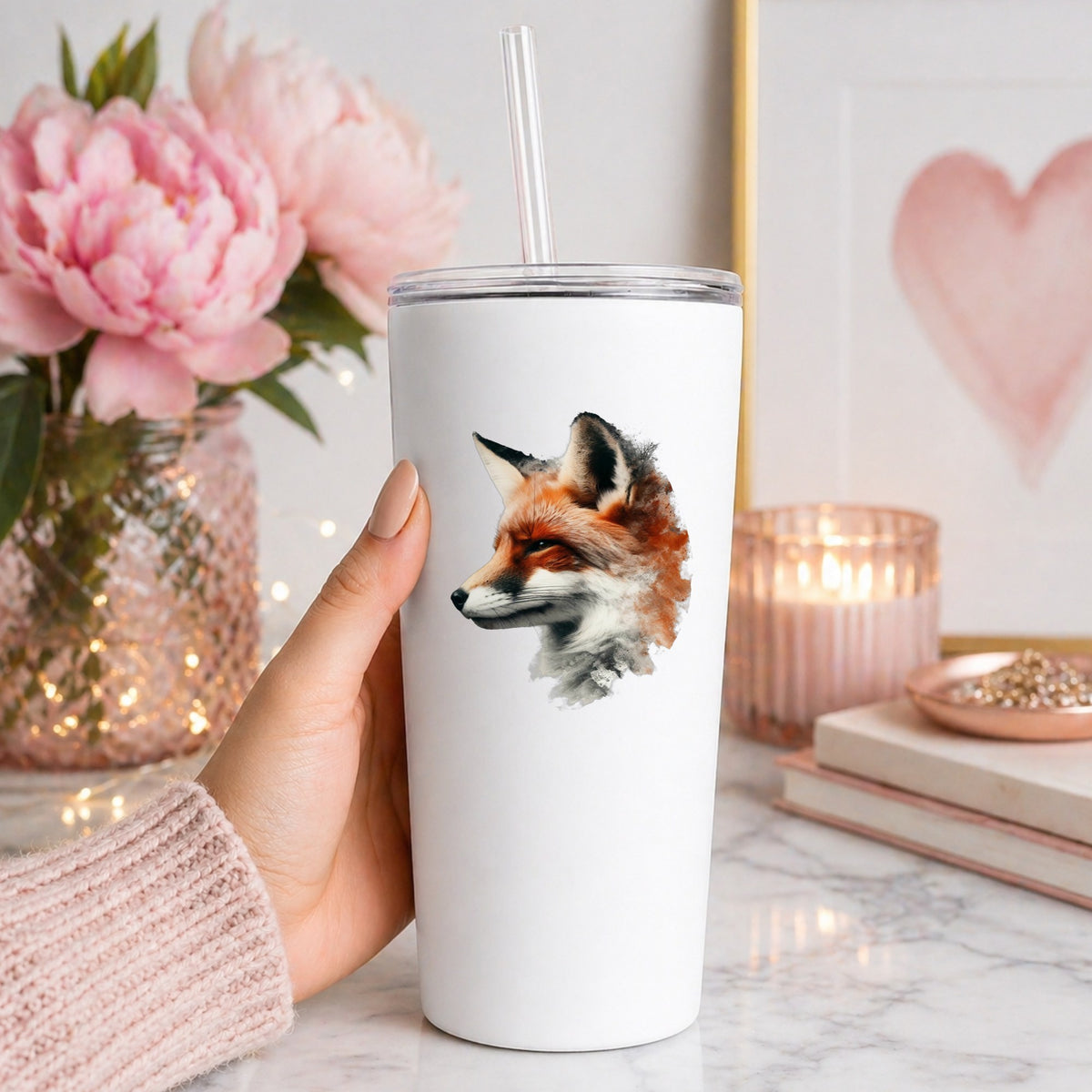 Red Fox Head UV DTF sticker applied to a white straw tumbler beside pink peonies