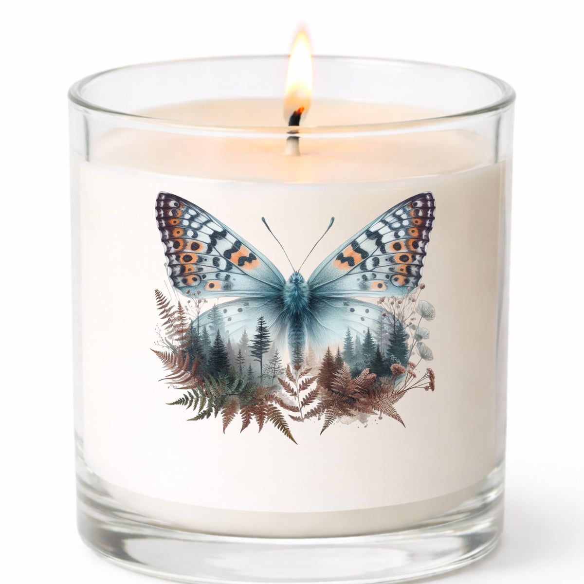 Fern Butterfly UV DTF sticker applied to a white candle in a clear glass jar