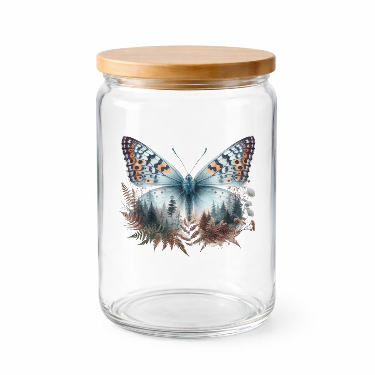 Fern Butterfly UV DTF sticker applied to a clear glass jar with a wooden lid