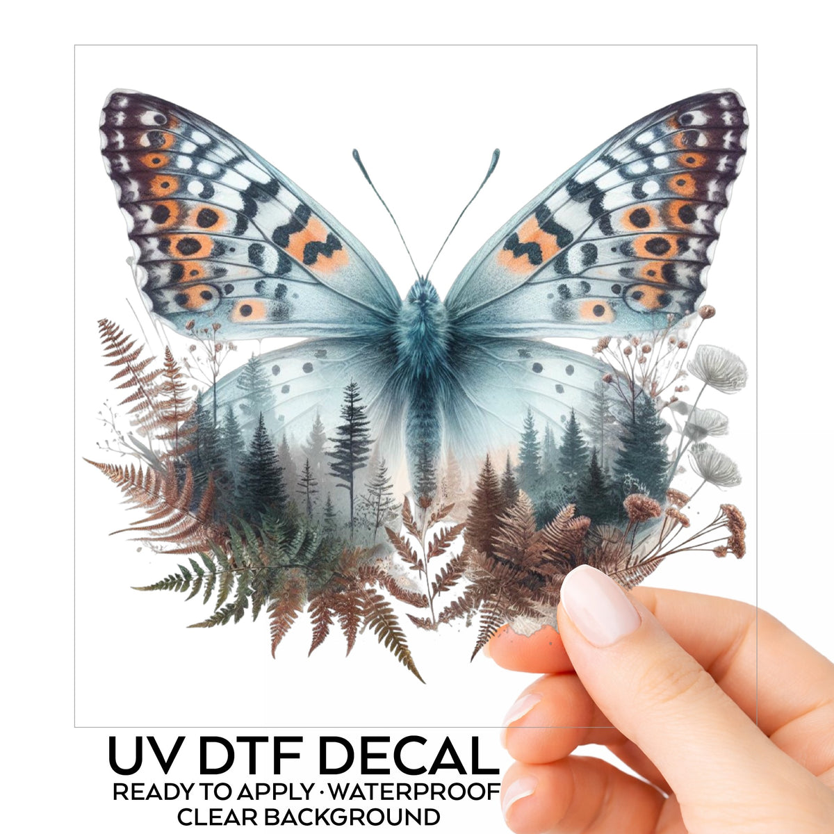 Fern Butterfly UV DTF sticker on its backing card, held in hand