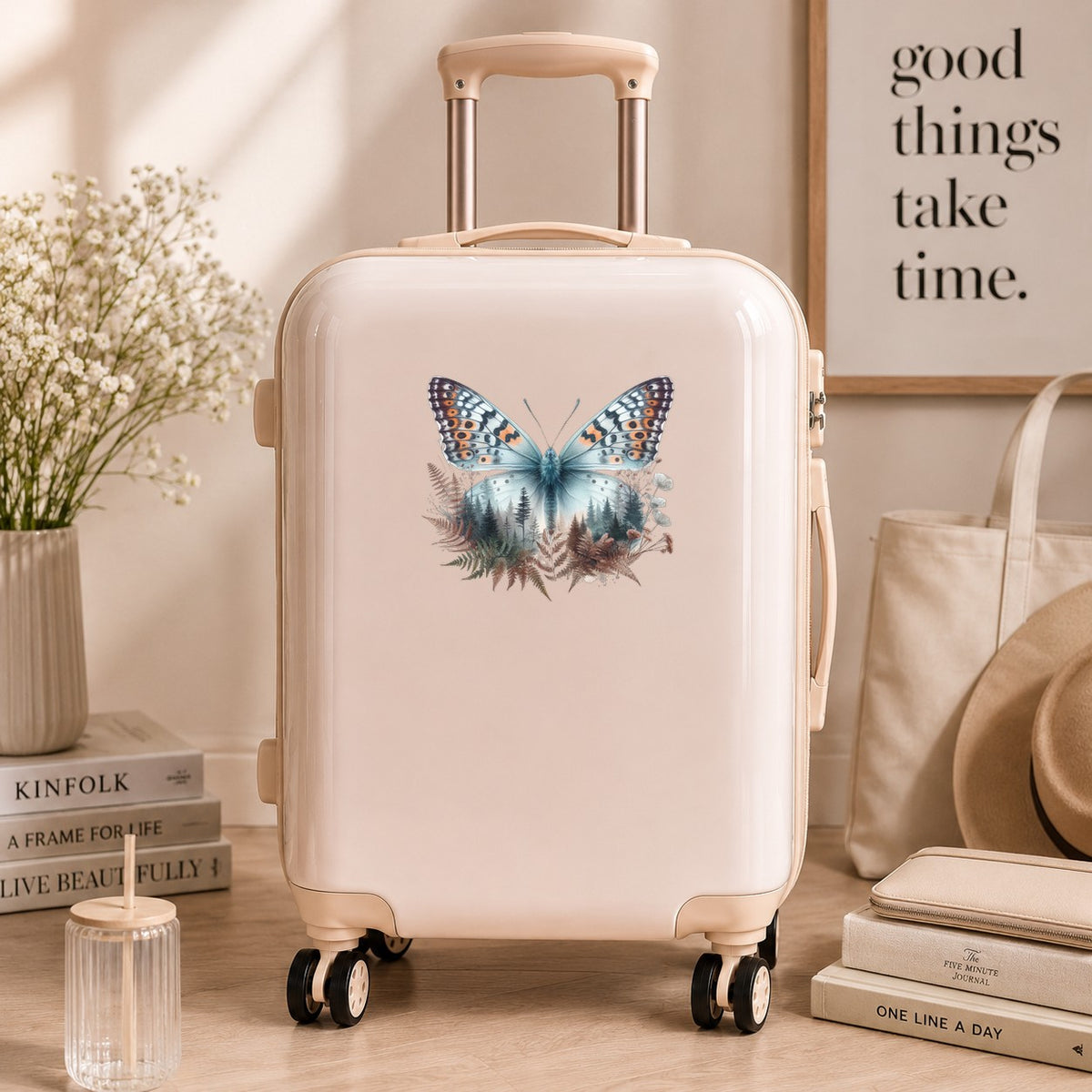 Fern Butterfly UV DTF sticker applied to a cream carry-on suitcase