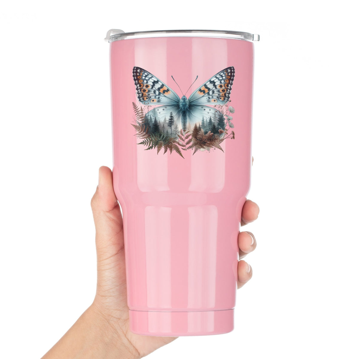 Fern Butterfly UV DTF sticker applied to a pink tumbler held against a white background