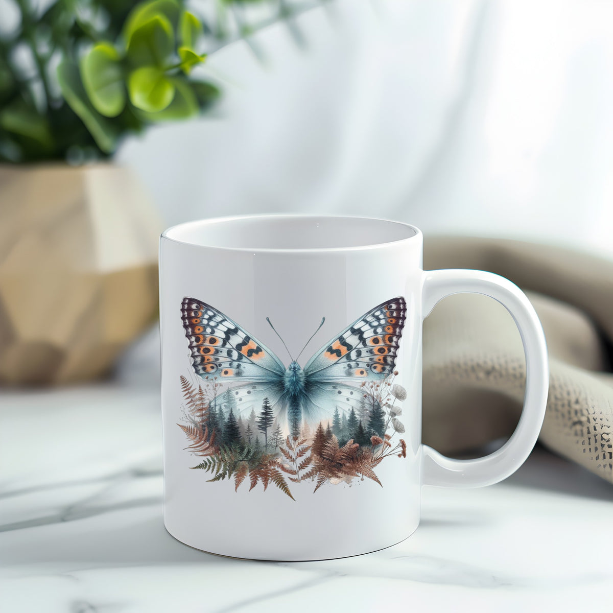 Fern Butterfly UV DTF sticker applied to a white coffee mug