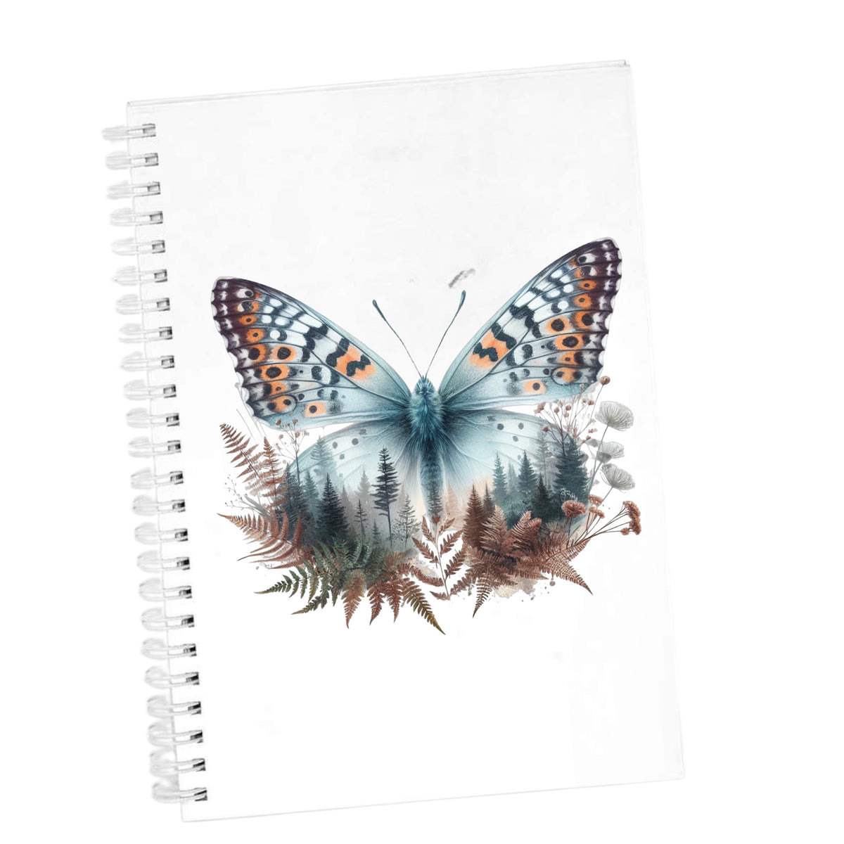 Fern Butterfly UV DTF sticker applied to the cover of a white spiral journal