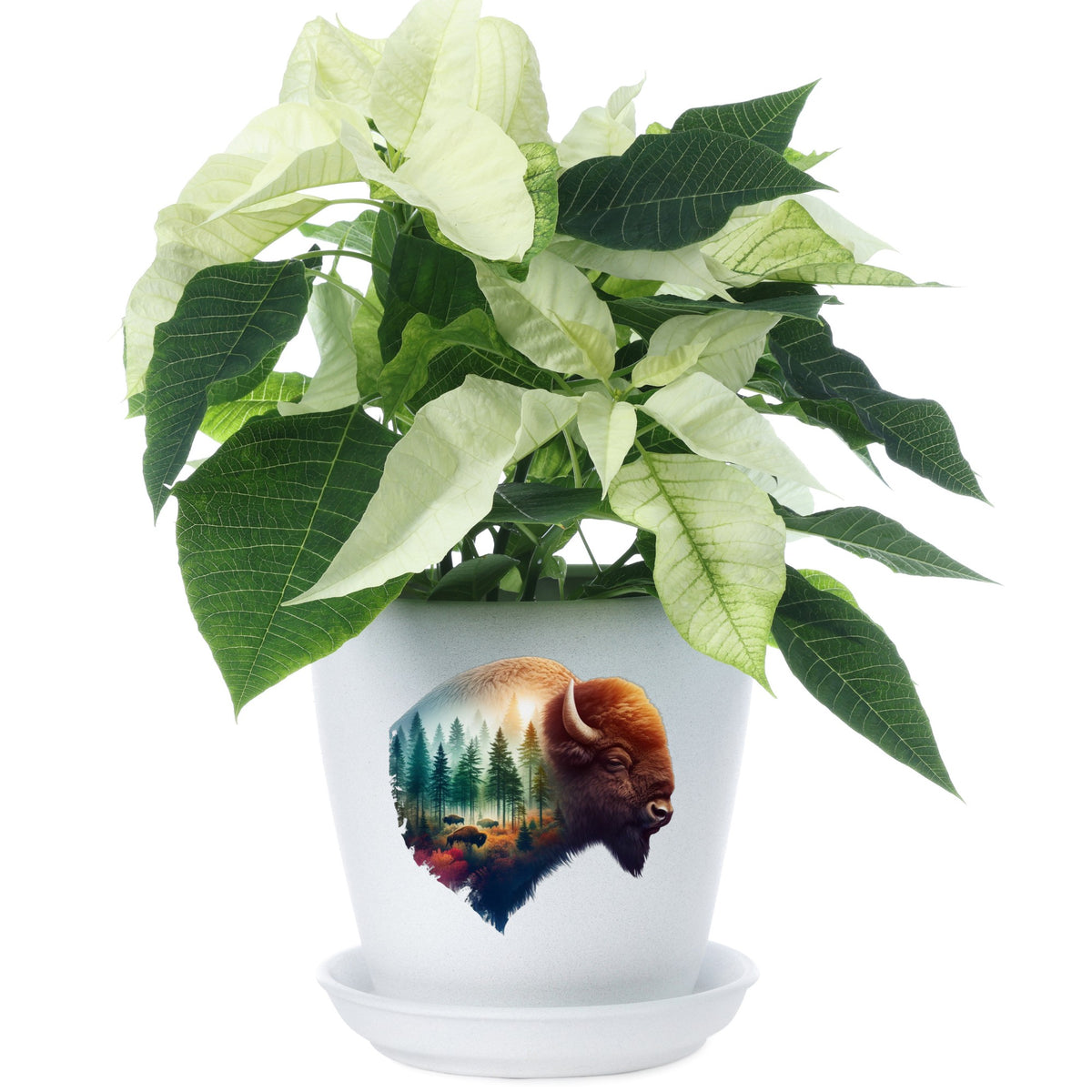 Sunrise Bison UV DTF sticker applied to a white flower pot