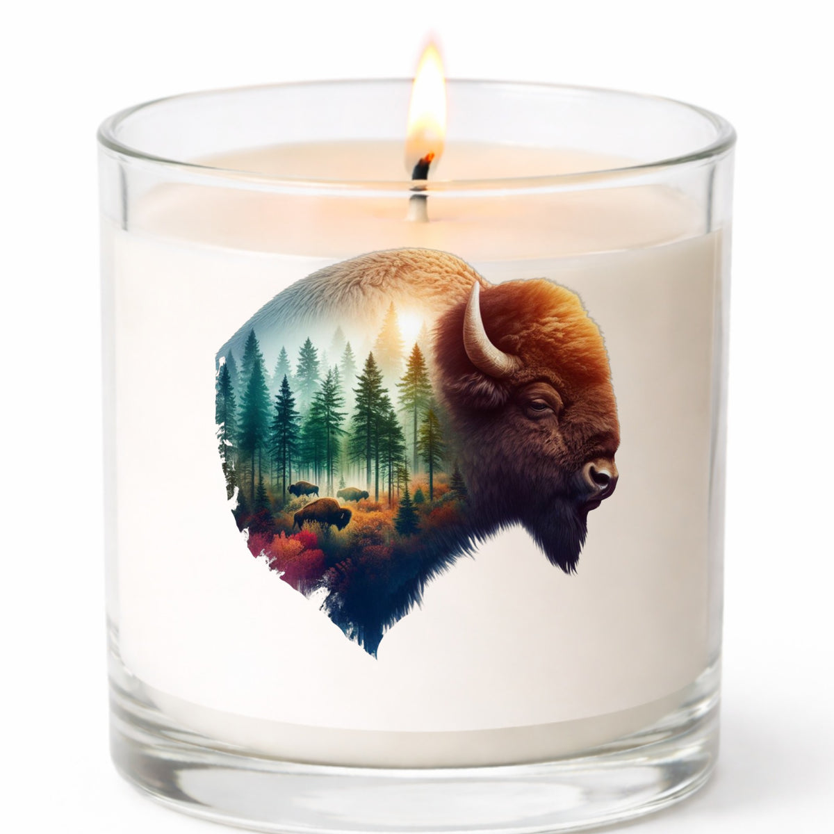 Sunrise Bison UV DTF sticker applied to a white candle in a clear glass jar