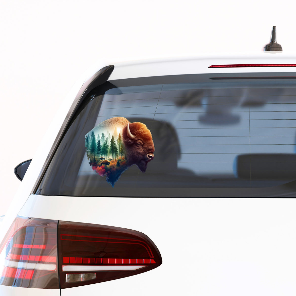 Sunrise Bison UV DTF sticker applied to the rear window of a white car