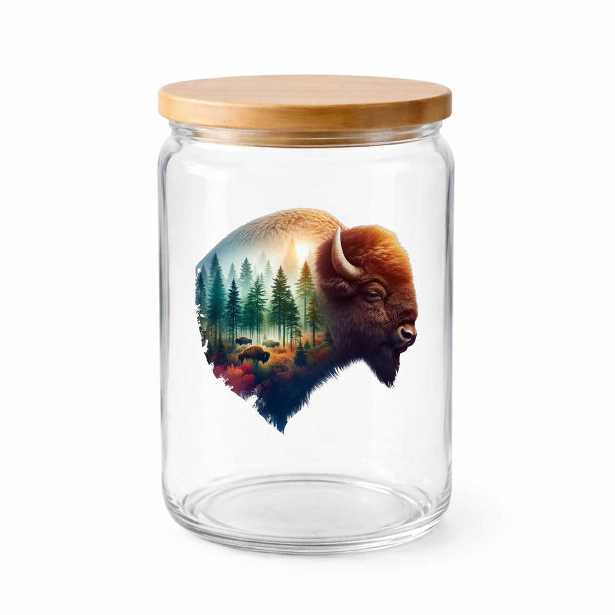 Sunrise Bison UV DTF sticker applied to a clear glass jar with a wooden lid