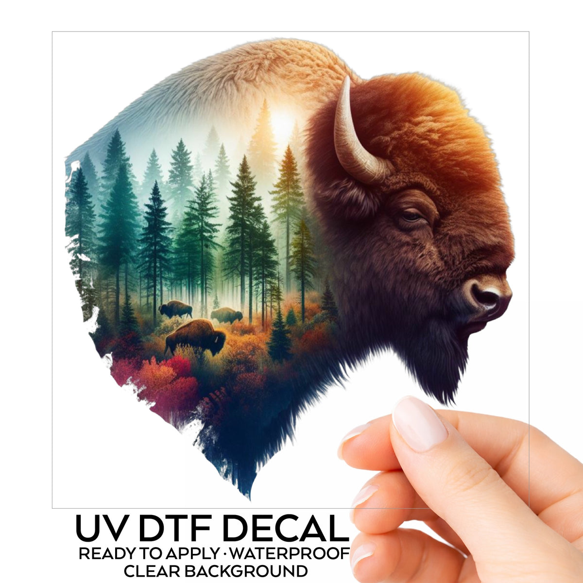 Sunrise Bison UV DTF sticker on its backing card, held in hand
