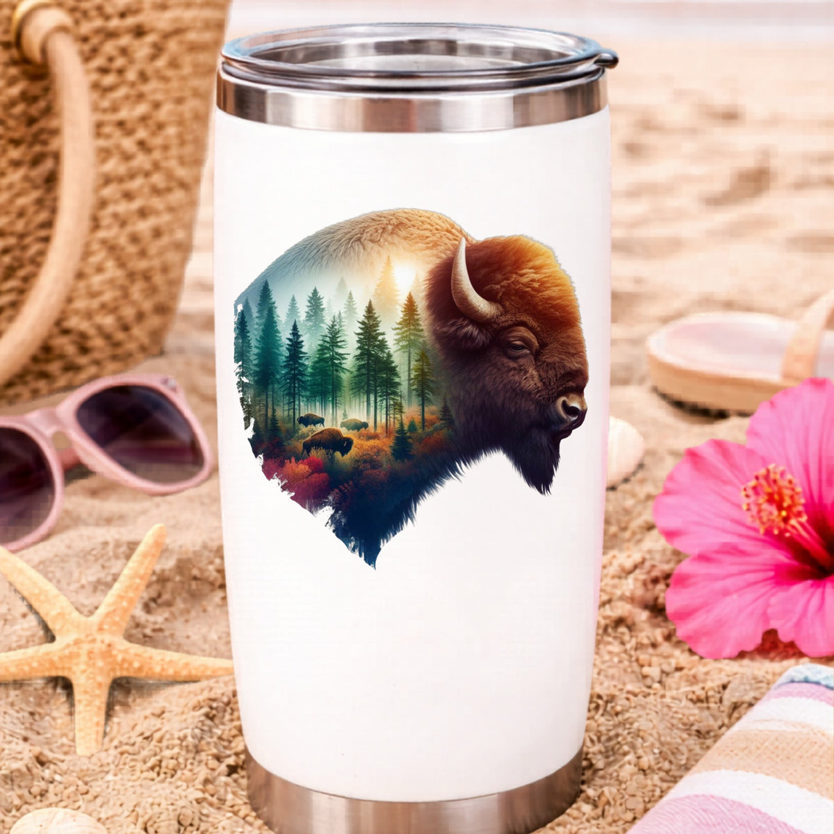 Sunrise Bison UV DTF sticker applied to a white travel tumbler on beach sand