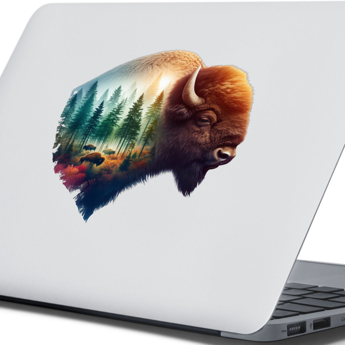 Sunrise Bison UV DTF sticker applied to the lid of a silver laptop